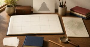 白紙の五欄年表ノート、別の地図と資料カード、参考書、鉛筆、虫眼鏡を並べた歴史学習の机
